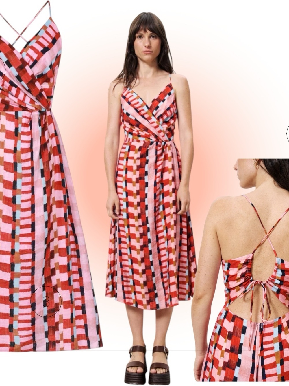 FRNCH AELIG Spatula Striped check Midi Dress Wrap Front Cut Out Back resortwear
